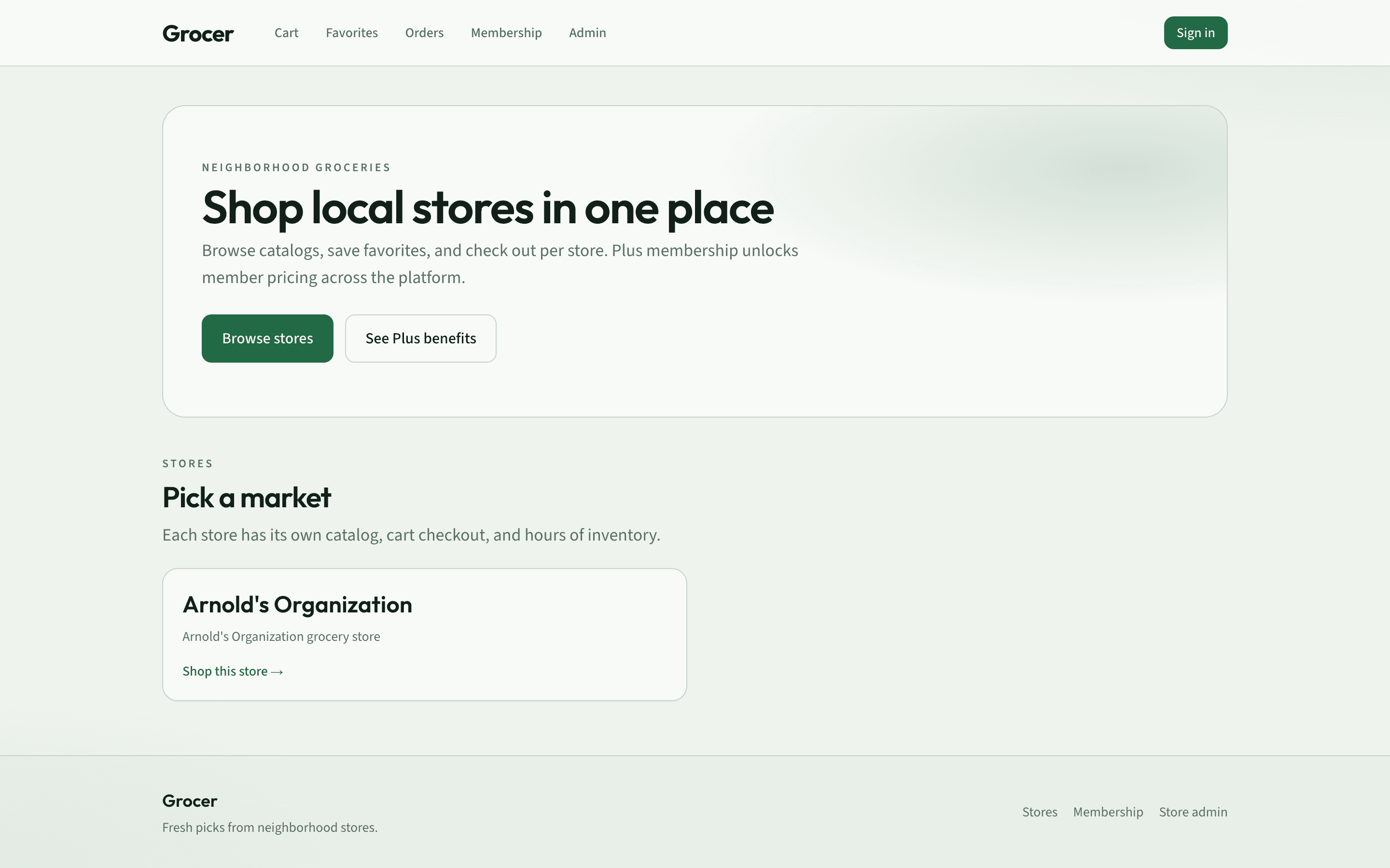 Groceries shopping platform storefront and admin preview